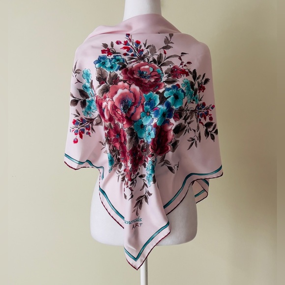 Accessories - Floral Silk Like Scarf with Pink and Blue Accents EUC